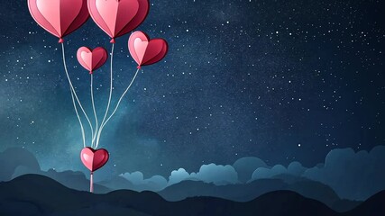 Floating Heart Balloons in Starry Night Sky Animated Background - Powered by Adobe