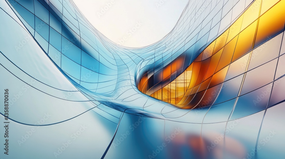 Poster abstract fluid architecture with curved lines and modern design elements in light blue and orange hu
