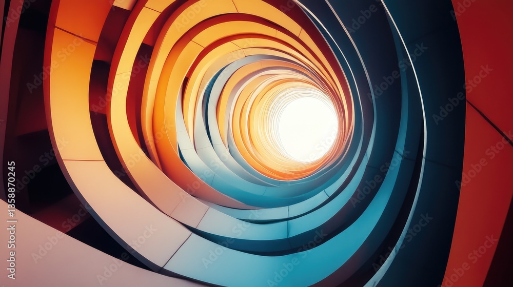 Poster abstract spiral design in vibrant colors creating a sense of depth and light at the center of the co