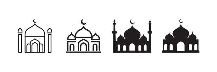 Islamic Mosque Icon Set Black and White Vector Illustration