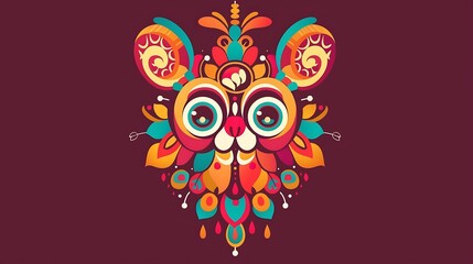 A colorful symmetrical illustration depicting an owl face design