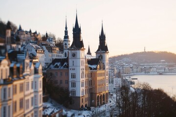 Obraz premium Winter cityscape view historical architecture with buildings and snow. Tourism