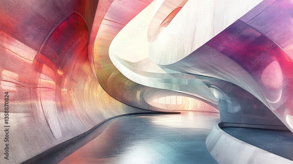 Poster abstract colorful architectural design showcasing fluid shapes and vibrant reflections in a modern s