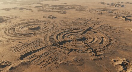 Naklejka premium Aerial View of Futuristic Circular City Ruins in Desert Landscape