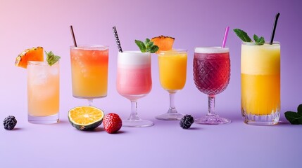 A row of colorful drinks with straws in them. The drinks are in different shapes and sizes, and they are all lined up on a purple background