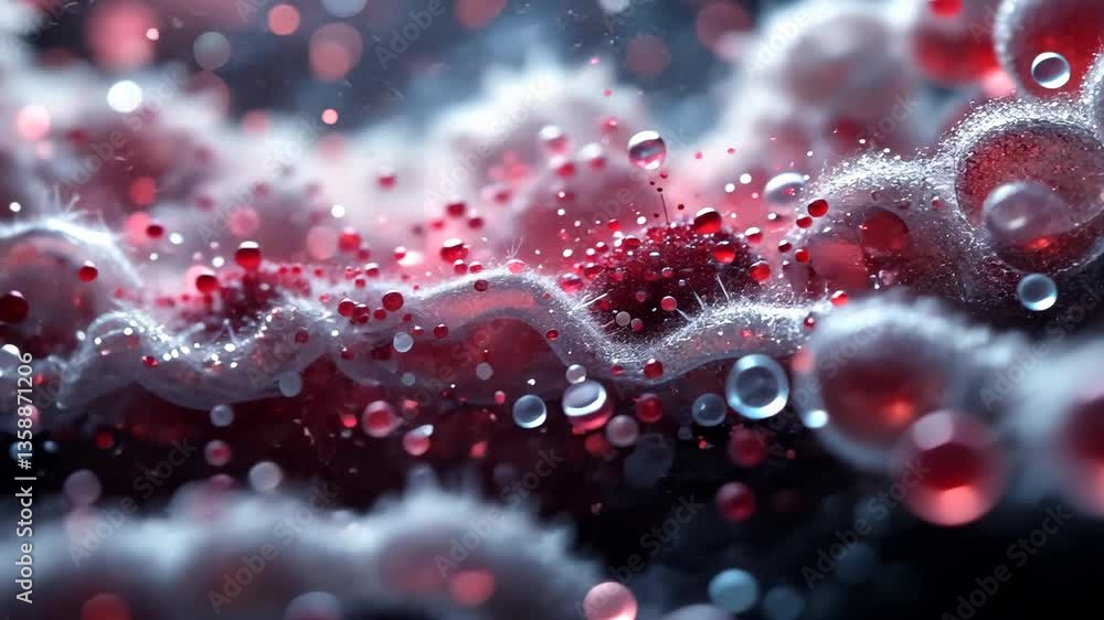 Poster abstract microscopic structure with red white and blue bokeh and bubble elements