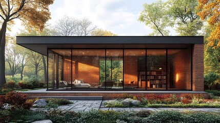 Fototapeta premium A contemporary schoolhouse design, showcasing a compact structure with minimalist architecture, red brick walls, and a pitched roof, ideal for a neighborhood setting. 
