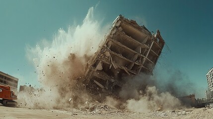 Fototapeta premium A demolition site with a crumbling building mid-collapse, capturing the dramatic moment of deconstruction as concrete and steel give way to the power of heavy machinery. 
