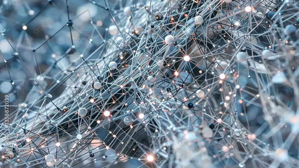 Poster abstract network of glowing spheres and connecting lines in a dark blue background