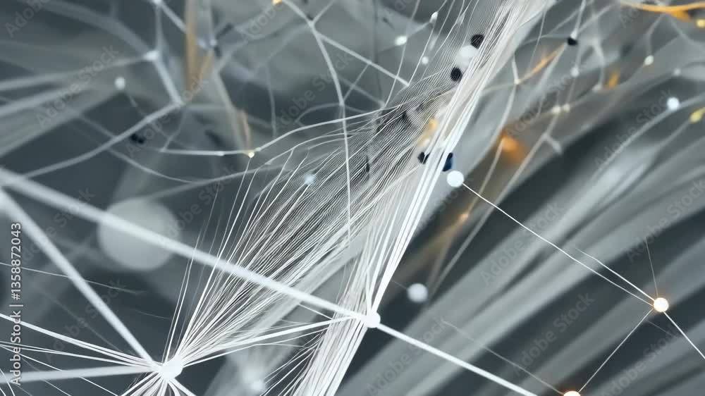 Poster abstract network of interconnected lines and glowing dots against gray background