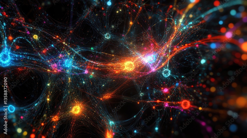 Aufkleber colorful abstract digital art of light trails and particles in dark space with dynamic flow and vibr