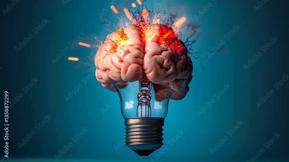 Poster a brain is shown in a light bulb, with sparks coming out of it. concept of creativity and innovation
