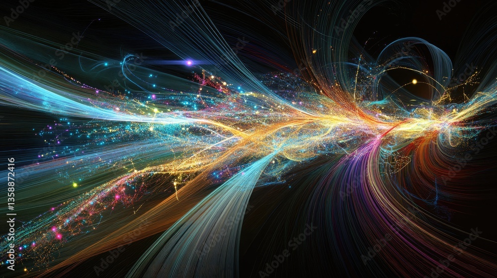 Poster vibrant abstract light trails in multicolored pulsating swirls against a dark background