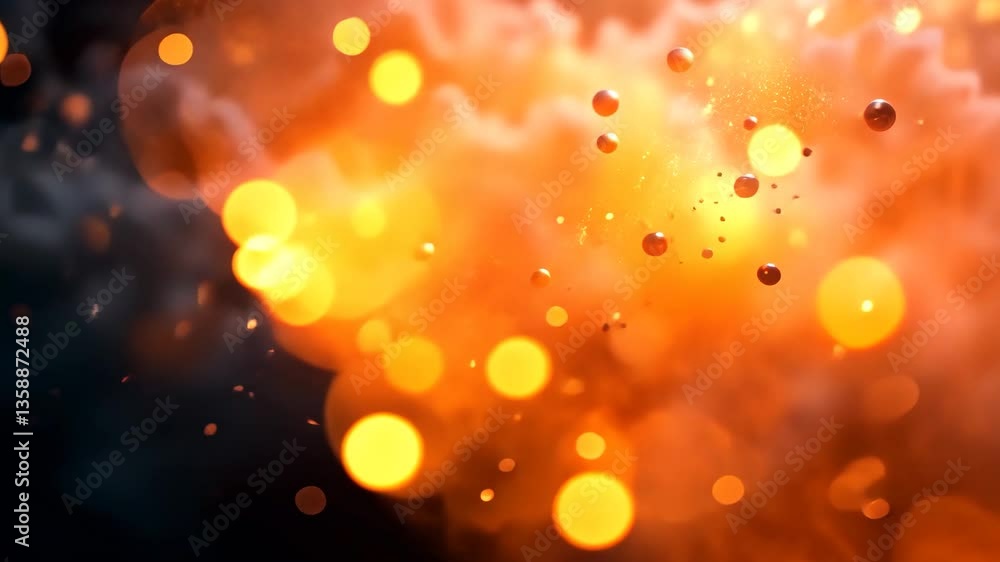 Poster abstract orange bokeh particles and smoky clouds formation with fiery explosion background