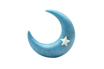 A light blue crescent moon with a white star attached on a black isolated background view from the side