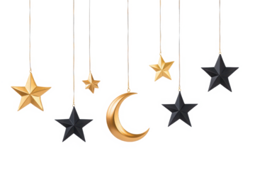 Hanging stars and a moon decoration in gold and black against a transparent background isolated image