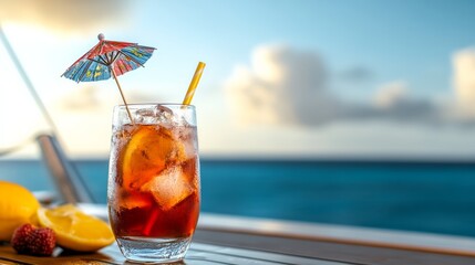 A glass of iced tea with a straw and a parasol umbrella on top. The parasol umbrella is blue and red. The glass is on a table by the ocean
