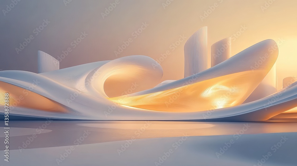 Poster futuristic abstract architecture with curved forms and soft lighting in a dreamlike landscape