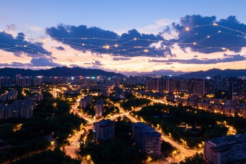 Obraz premium Cityscape at dusk with communication dots over the sky for connection purposes