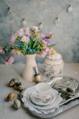 Romantic Easter Vintage Tea Time with Floral Elegance