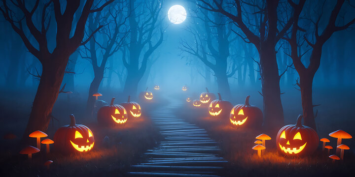 Spooky Halloween forest path lit jack-o'-lanterns misty night
