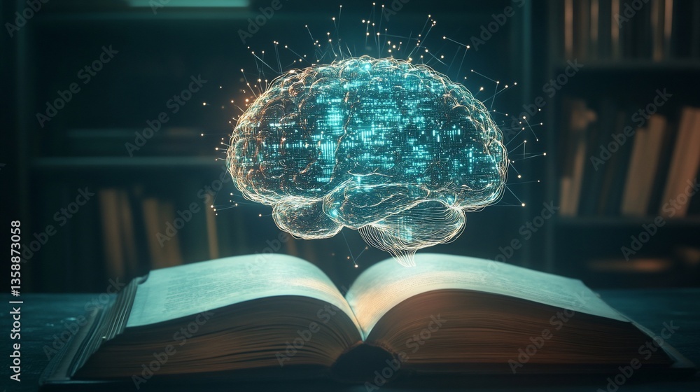 Poster an open book emitting an abstract brain structure with glowing particles and bookshelves in backgrou