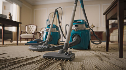 Two teal vacuums cleaning a beige carpet Interior home cleaning scene