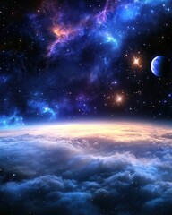 Fototapeta premium A breathtaking view of Earth from space, showcasing vibrant blue oceans, swirling white clouds, and diverse green landmasses, all illuminated by the sun against a backdrop of deep black cosmos.
