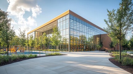 Obraz premium A functional and well-designed American school building with wide corridors visible through large windows, clean brickwork, and a playground nearby, in bright daylight. 
