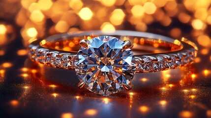 A sparkling golden engagement ring with large clear center stone