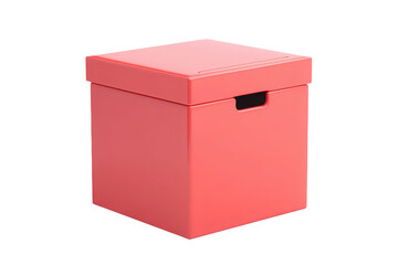 A salmon colored cube shaped storage box with a lid and a handle on a white background