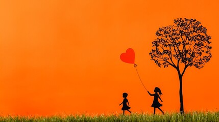 Silhouettes of Children Playing with Heart-Shaped Balloon at Sunset, Evoking Feelings of Childhood Innocence and Simple Joys