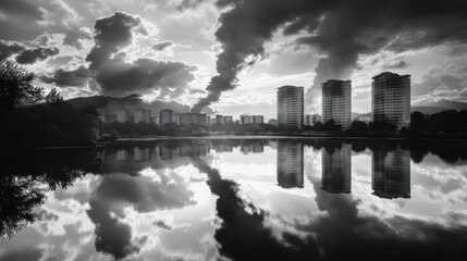 Naklejka premium Cityscape reflected in tranquil lake at dawn