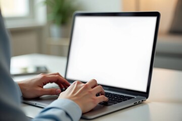 Modern workspace scene with a laptop and blank display in a natural light setting.