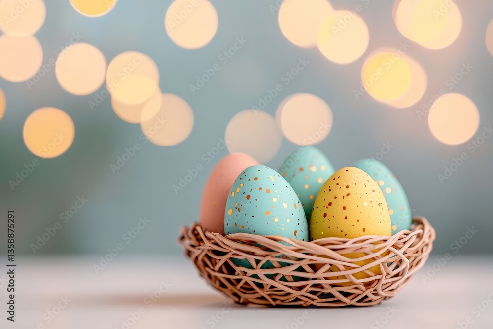 Poster nest with three pastel colored easter eggs arranged in natural straw surrounded by bokeh effect and 