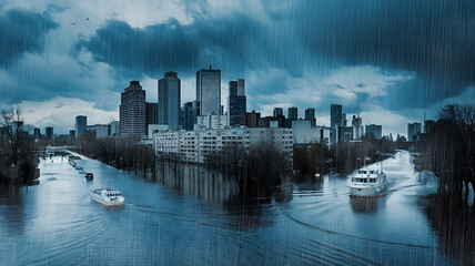 Obraz premium Flooded city river heavy rain urban landscape