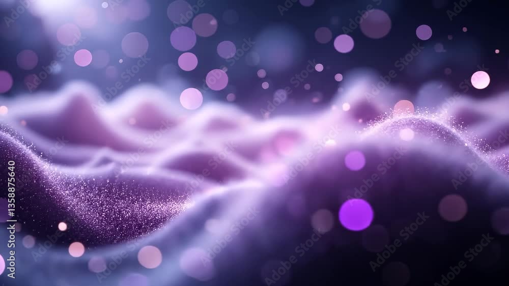 Poster abstract purple and pink sparkling wave forms with bokeh in a mystical dreamscape