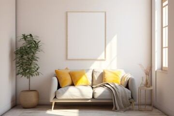 White empty framed canvas on the arch livingroom wall architecture furniture building.