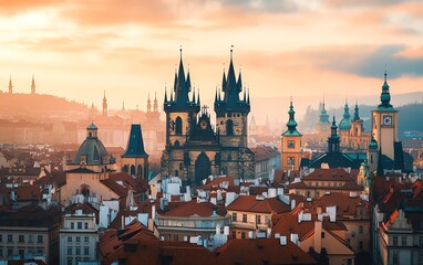 Fototapeta premium Minimalist skyline blending ancient castles with modern buildings, high-angle perspective showcasing whimsical architecture, enchanting atmosphere