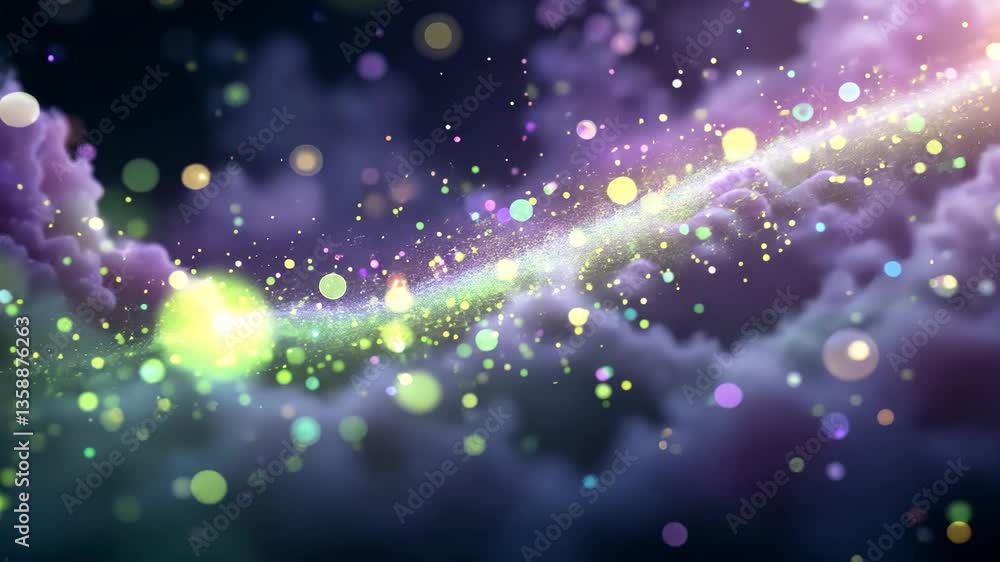 Poster abstract purple cloudscape with flowing light and sparkling particles against dark backdrop