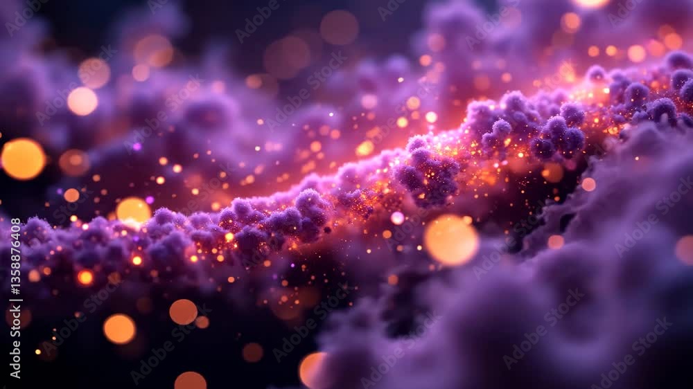 Poster abstract purple nebula with glowing particles and bokeh against dark background