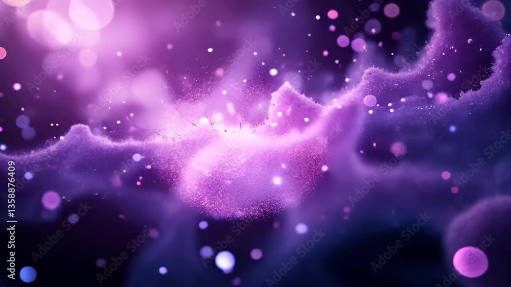 Poster abstract purple cloudscape with sparkling particles and blurred bokeh lights in violet