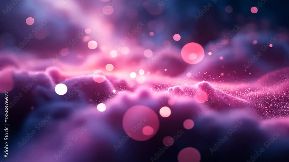 Poster abstract purple pink glowing nebula with bokeh particles floating in space