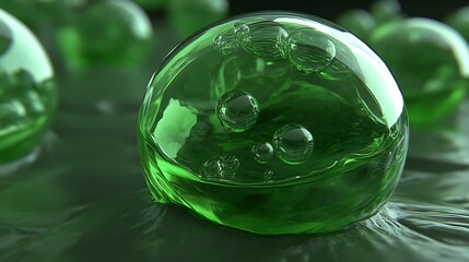 Close-up of translucent green spheres with inner bubbles, resting on a dark surface.
