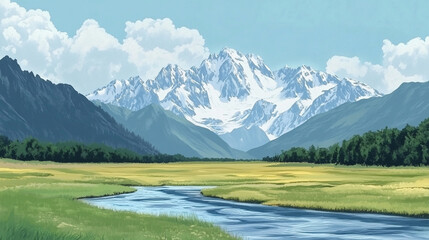 Serene valley landscape with snow-capped mountains, meandering river, and lush green meadows under a bright summer sky.