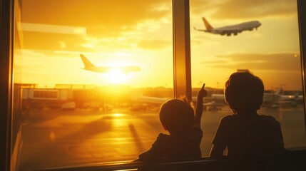 Fototapeta premium Sunset at the Airport: Children Watching Airplanes Take Off