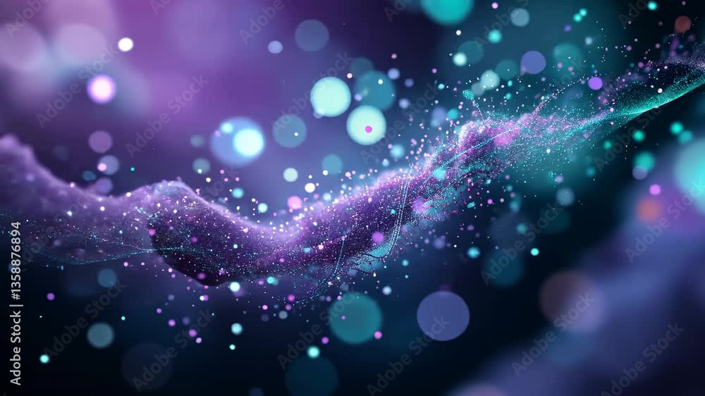 Poster abstract purple teal nebula with bokeh effect and glowing particles on black background