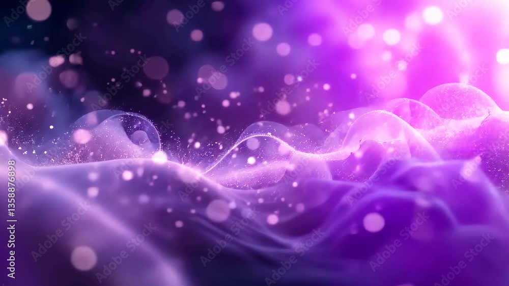 Poster abstract purple wave background with glowing bokeh effect and luminous particles