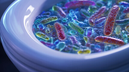 Colorful Microorganisms in a Shallow Dish Featuring Vibrant Bacteria and Algae in Water, Showcasing Intricate Details and Stunning Colors of Microbial Life