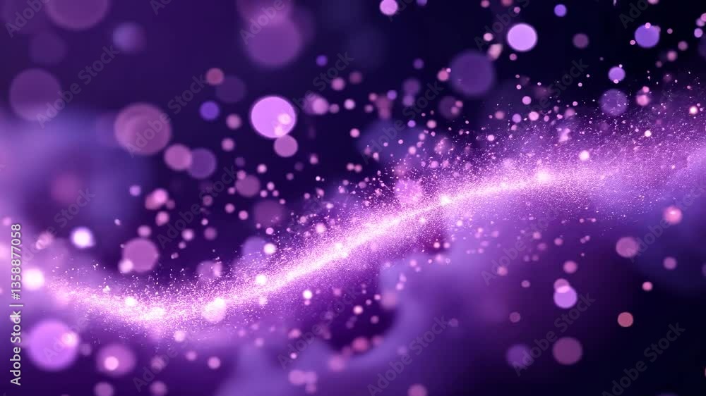 Poster abstract purple wave with glowing particles and bokeh effect against dark background